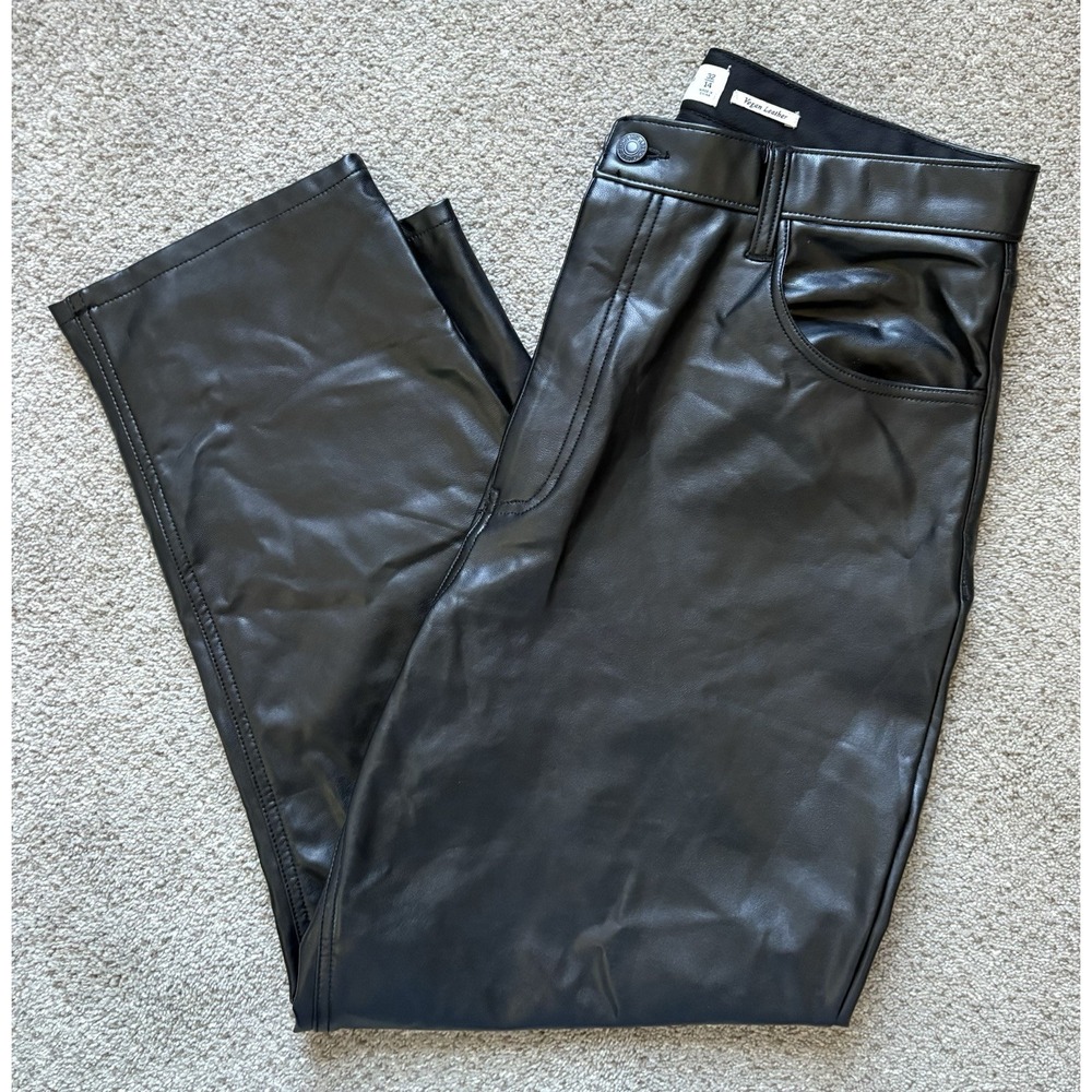 Abercrombie & Fitch '90s Straight Ultra High Rise Vegan Leather Pant 32/14 Black